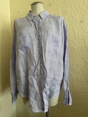 Lilly Pulitzer Sea View Collar Lilac Blue Gingham 100% Linen Button Up Shirt XL